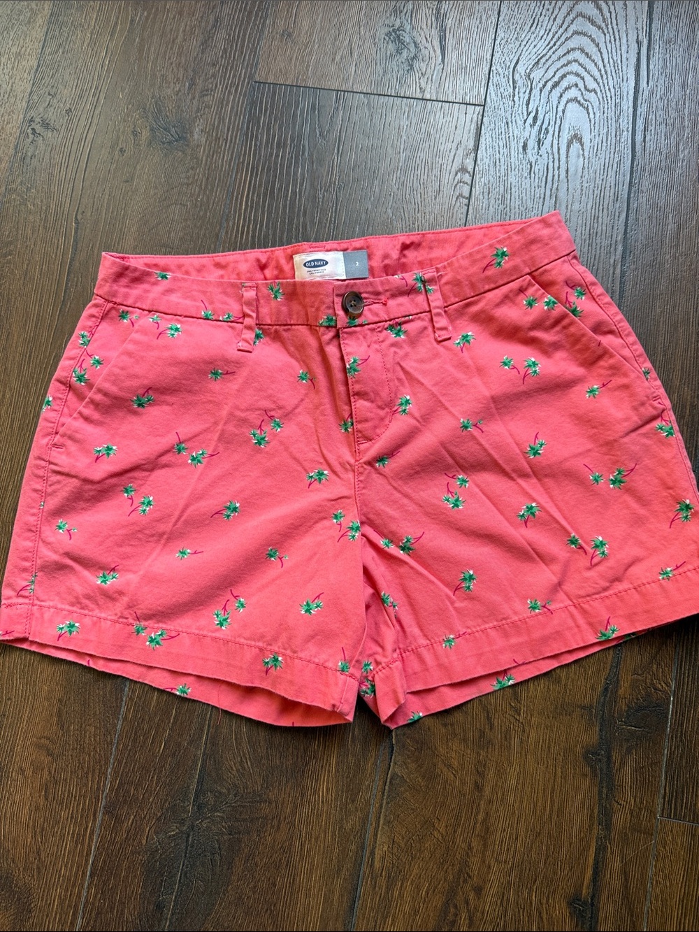 Old Navy Coral Shorts with Green Palm Embroidery